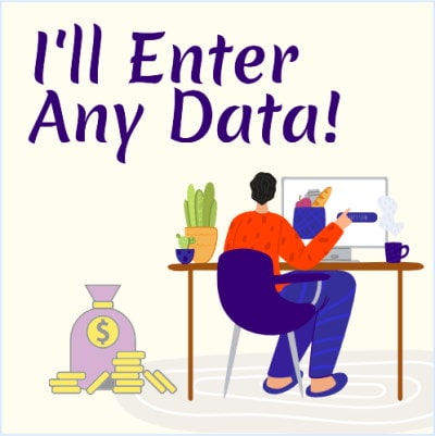 A cartoon image of a lady working at a desk with a moneybag on the floor next to her where she is saying I'll enter any data