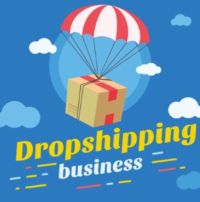 Image of a package in the air with a parachute holding it up with the words drop shipping business on