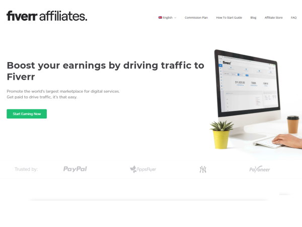 Image of the Fiverr affiliate network sign up page with the headline that says boost your earnings by driving traffic to Fiverr 