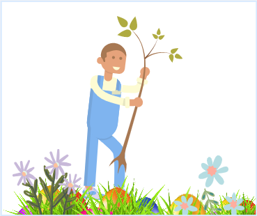 This Cartoon image of a man planting a tree in the grass references gardening as a top affiliate marketing niche for affiliate marketers