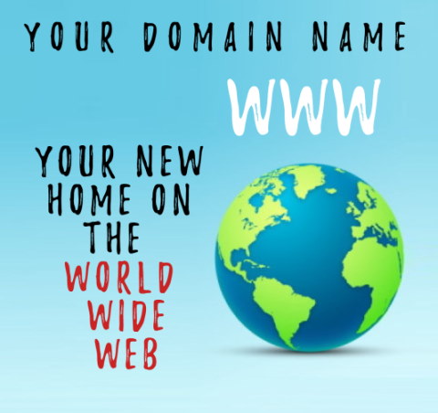 Image of the world with the text that says your domain name WWW your new home on the world wide web