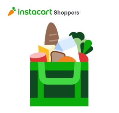 Image of the Instacart logo with an icon of a green grocery bag with groceries inside of it