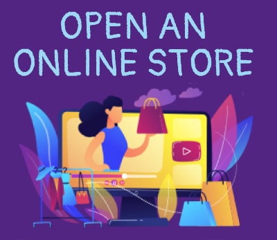 Cartoon image of a girl shopping with a caption that says open an online store