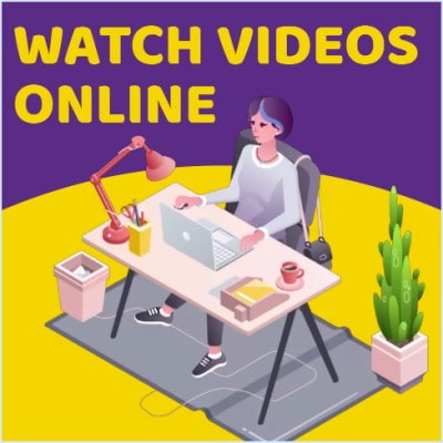 Image of a young lady looking at her computer on a work desk with the tagline that says watch videos online referring to watching videos to make money while online